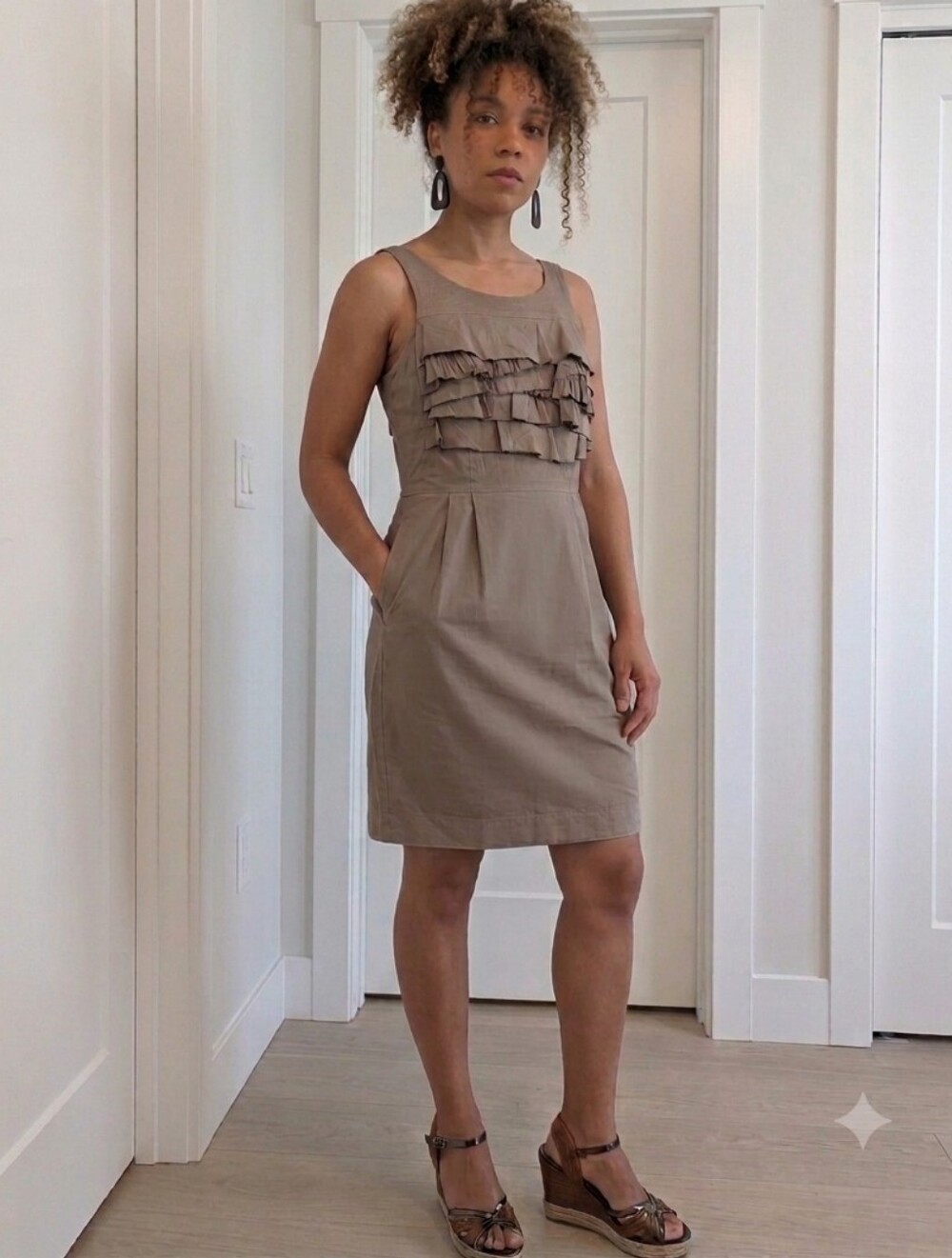 BCBGMaxAzria Taupe Sleeveless Ruffle Front Sheath Dress